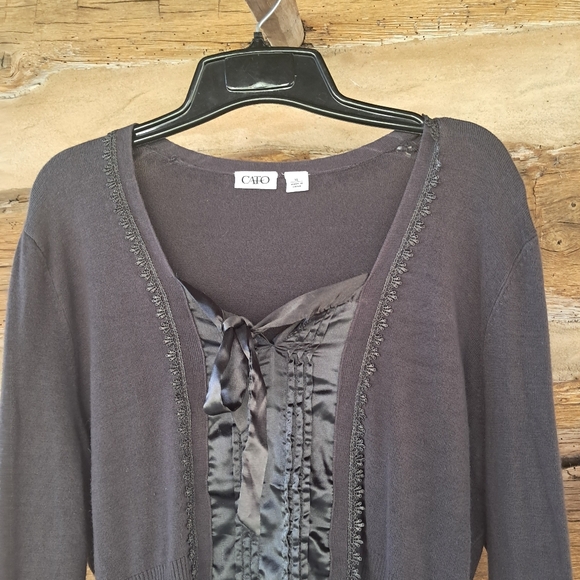 Cato Brown Satin Front Rayon & Nylon Split Neck Tie Sweater Size XL - Picture 2 of 9